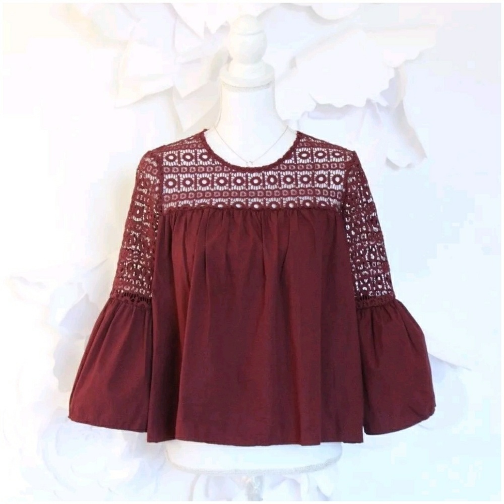 ENDLESS ROSE Louvre Bell Sleeve Top M Burgundy Red